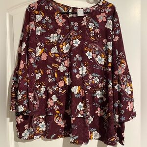 Time and Tru Burgundy Floral Blouse